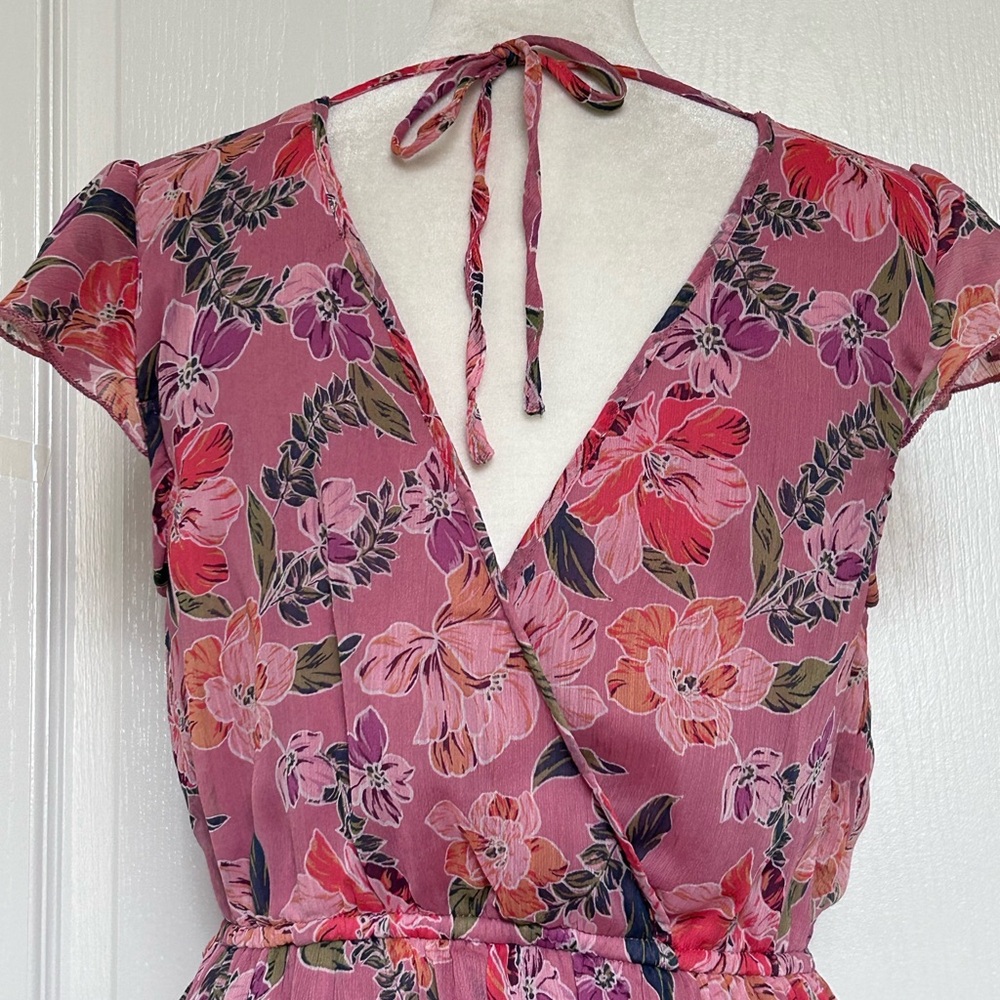 Floral Faux Wrap Maxi Dress Flutter Sleeve Boho Romantic Soft Pink Extra Small - Picture 7 of 16